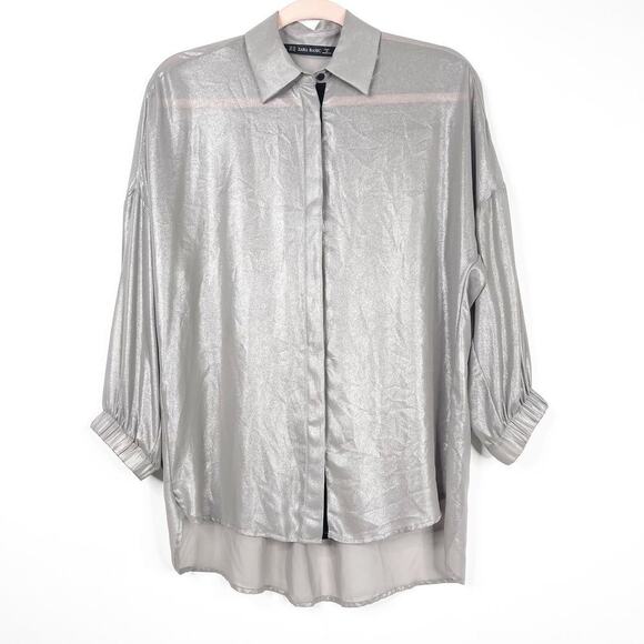 2/$30 ZARA High Low Metallic Button Down Shirt Gray Elastic Blouson Cuff #6212 - Picture 1 of 14